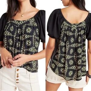 Maeve Anthropologie Green Navy/Black Puff Sleeve‎ Geometric Print Blouse Size M